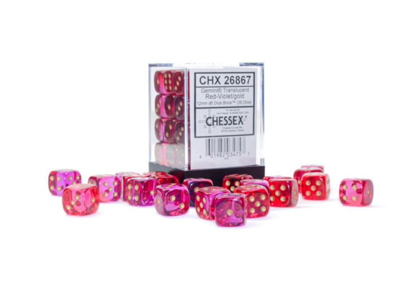 CHESSEX Gemini Translucent Red-Violet/gold 12mm d6 Dice Block 36 dice