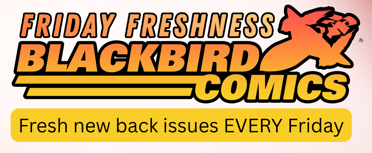 Promotional graphic for Blackbird Comics with dynamic background and text.